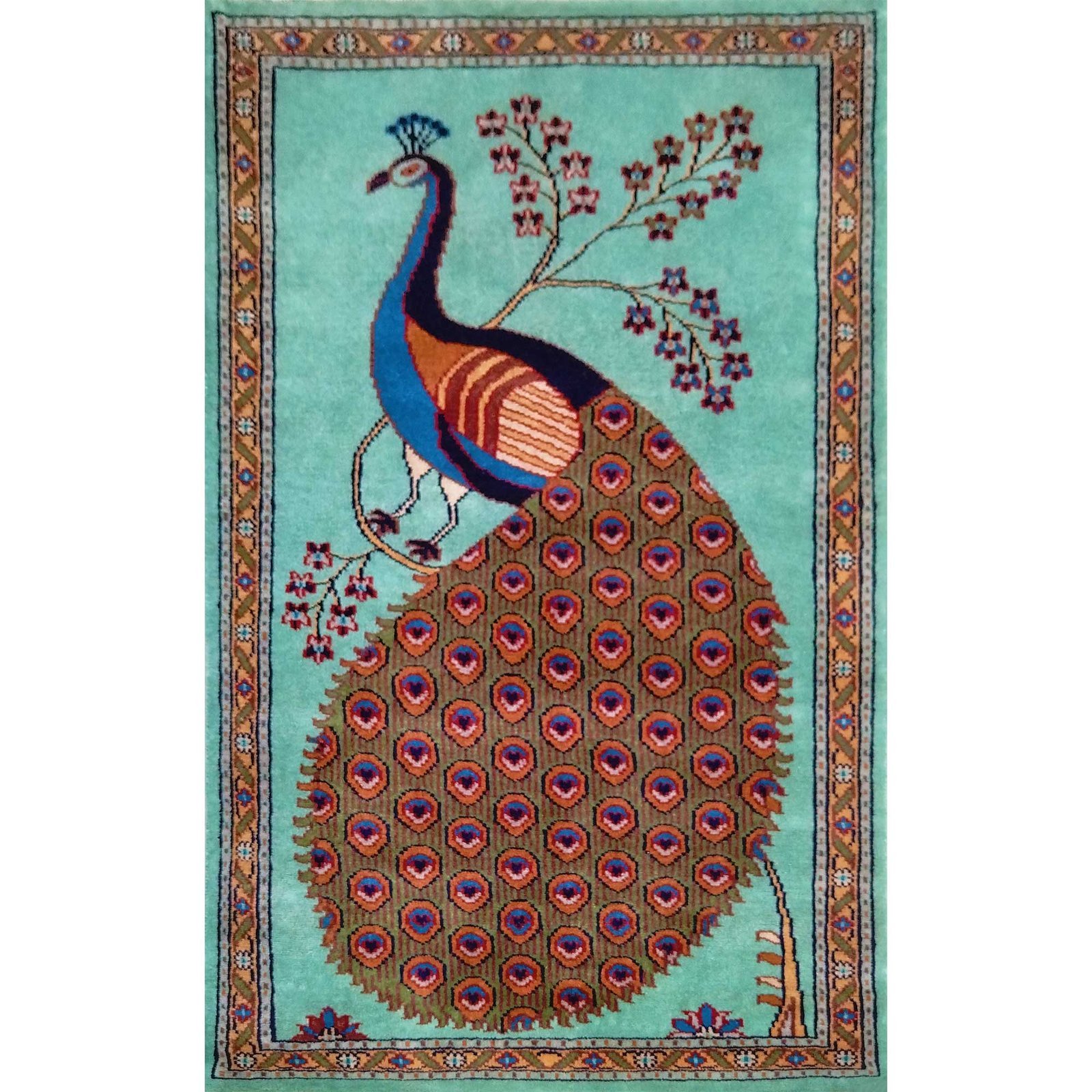 2.5x4 Ft Hand Knotted Peacock Wool Carpet (Turquoise)