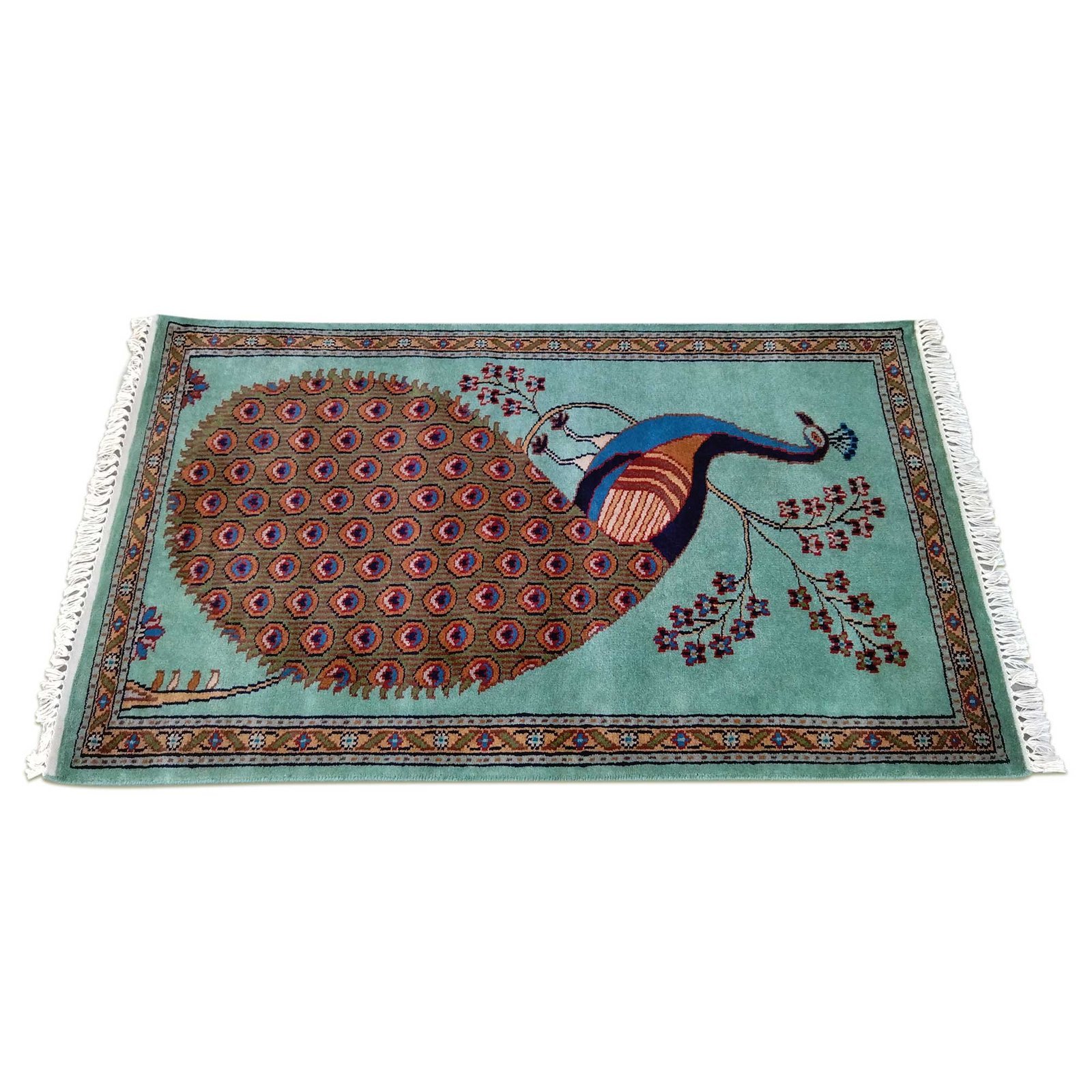 2.5x4 Ft Hand Knotted Peacock Wool Carpet (Turquoise) - Image 3