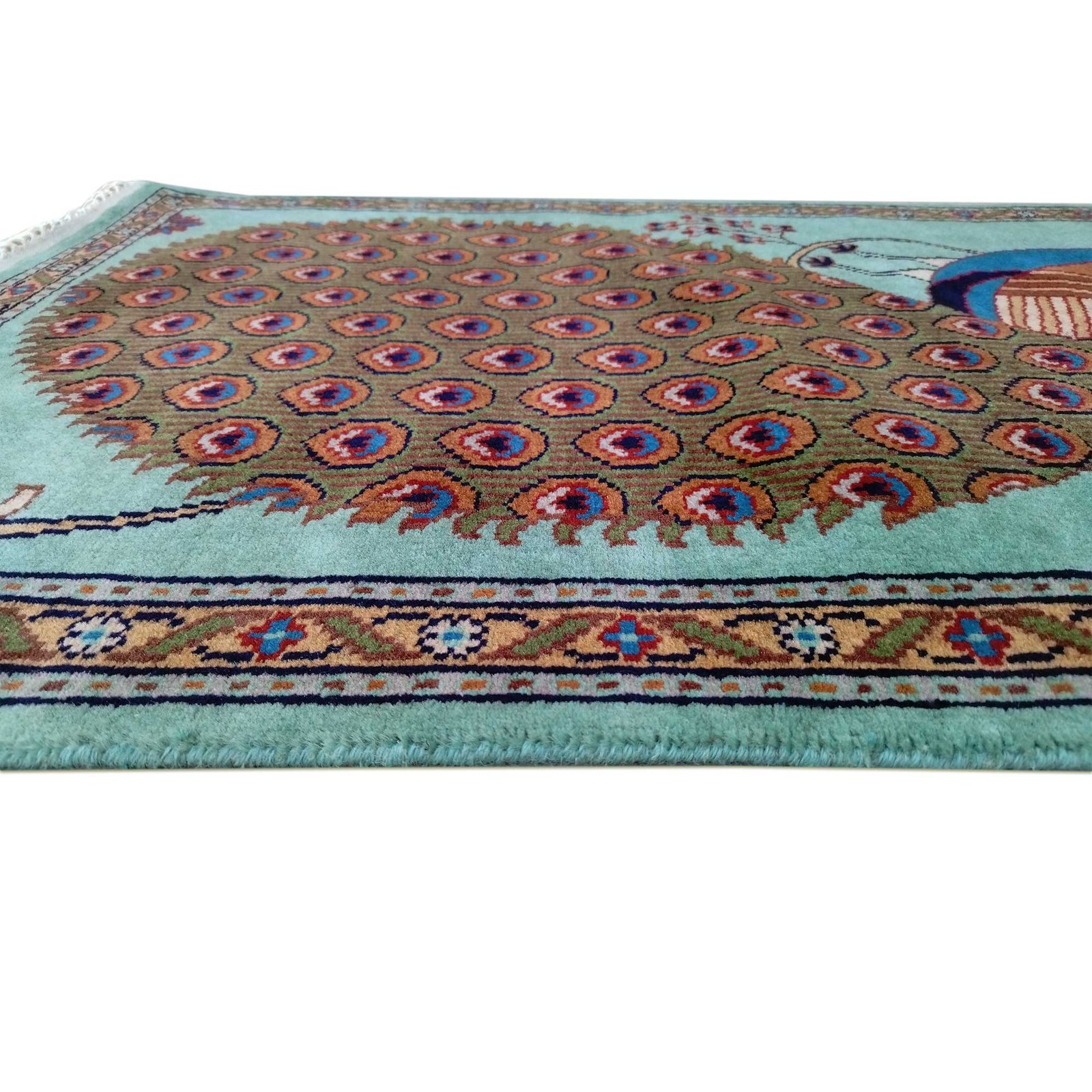 2.5x4 Ft Hand Knotted Peacock Wool Carpet (Turquoise) - Image 4
