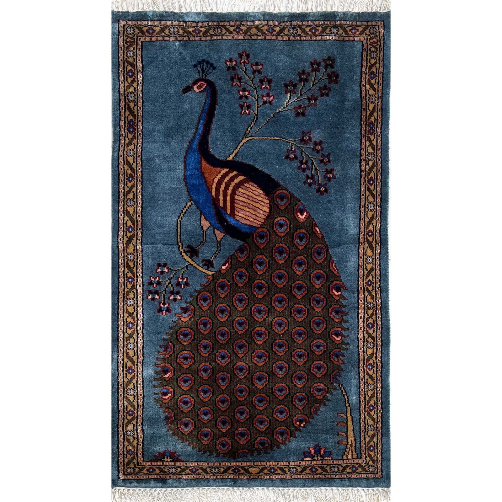 2.5x4 ft Hand Knotted Woolen Carpet Peacock Bluish Gray