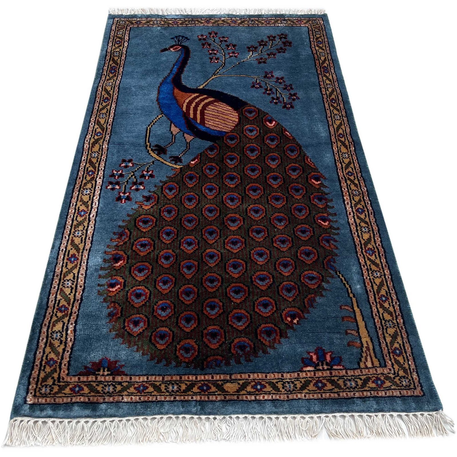 2.5x4 ft Hand Knotted Woolen Carpet Peacock Bluish Gray - Image 2