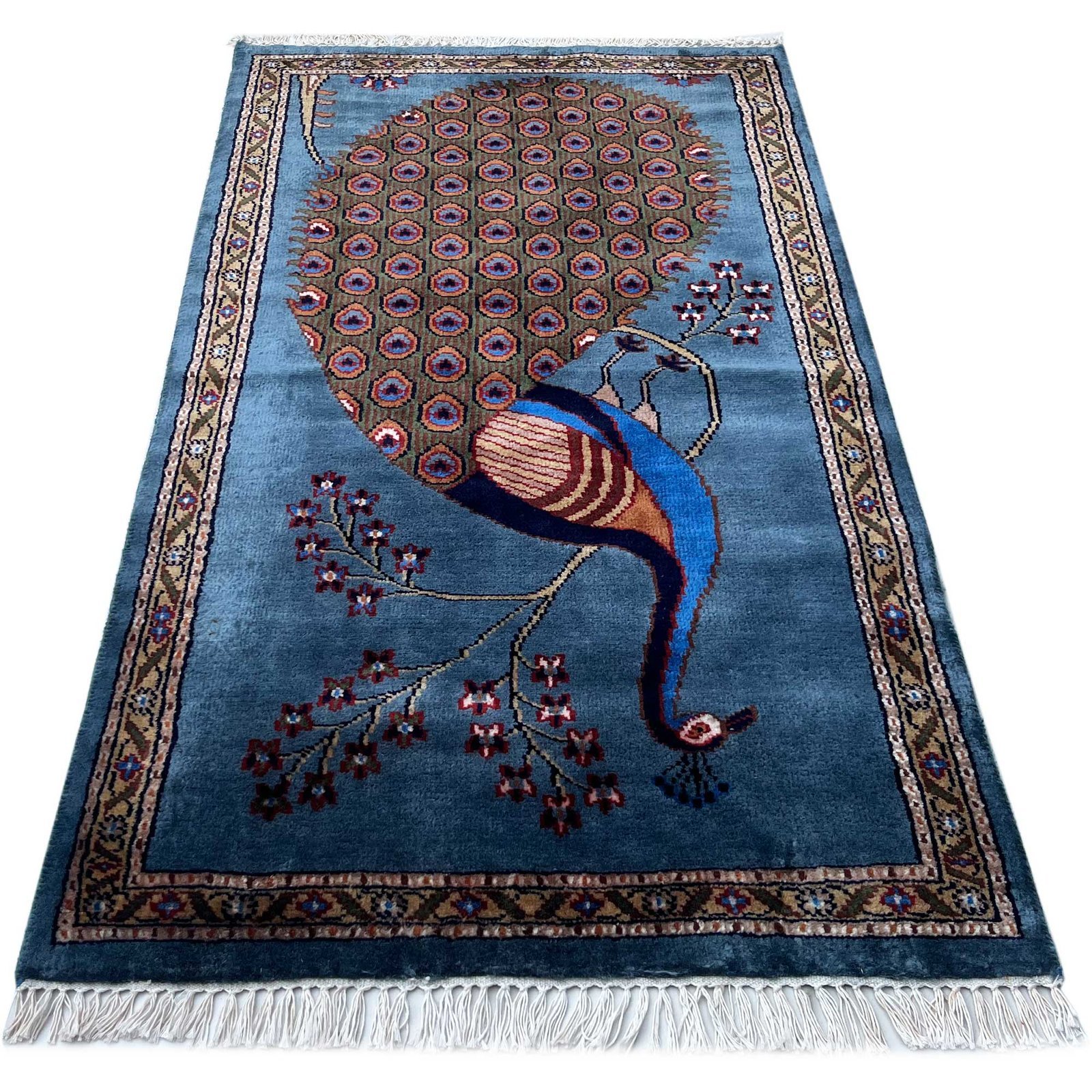2.5x4 ft Hand Knotted Woolen Carpet Peacock Bluish Gray - Image 5