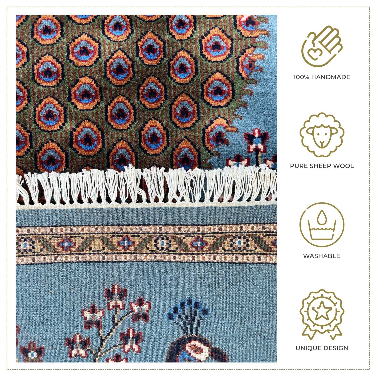 2.5x4 ft Hand Knotted Woolen Carpet Peacock Bluish Gray - Image 4