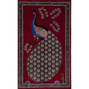 2.5x4 Handmade Hand Knotted Wool Carpet Peacock Red