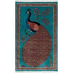 Hand Knotted Wool Area Carpet, Teal, 2.5x4 Ft, Peacock Design, with Floral Border