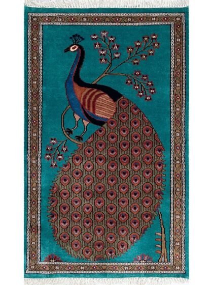 Hand Knotted Wool Area Carpet, Teal, 2.5x4 Ft, Peacock Design, with Floral Border