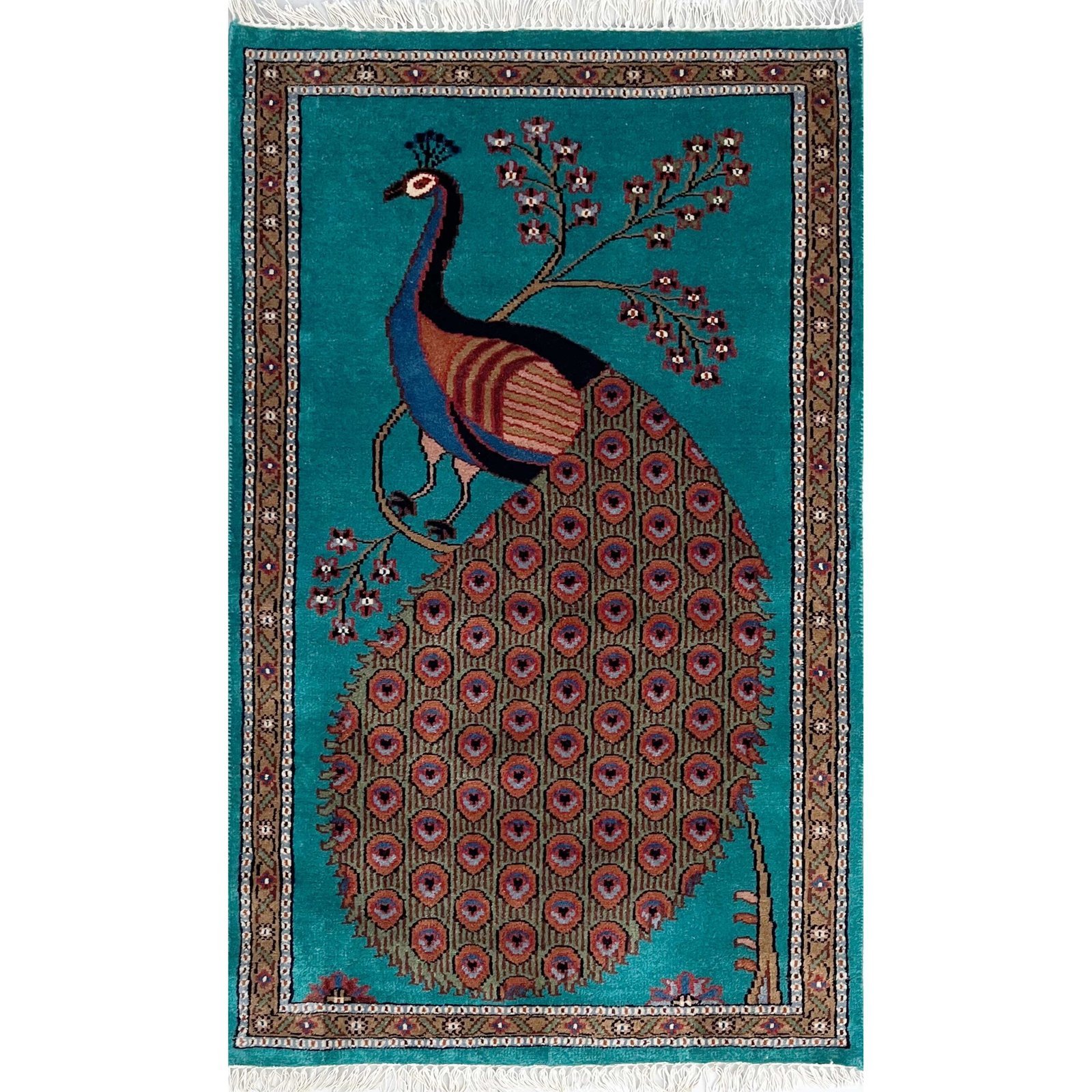Hand Knotted Wool Area Carpet, Teal, 2.5x4 Ft, Peacock Design, with Floral Border