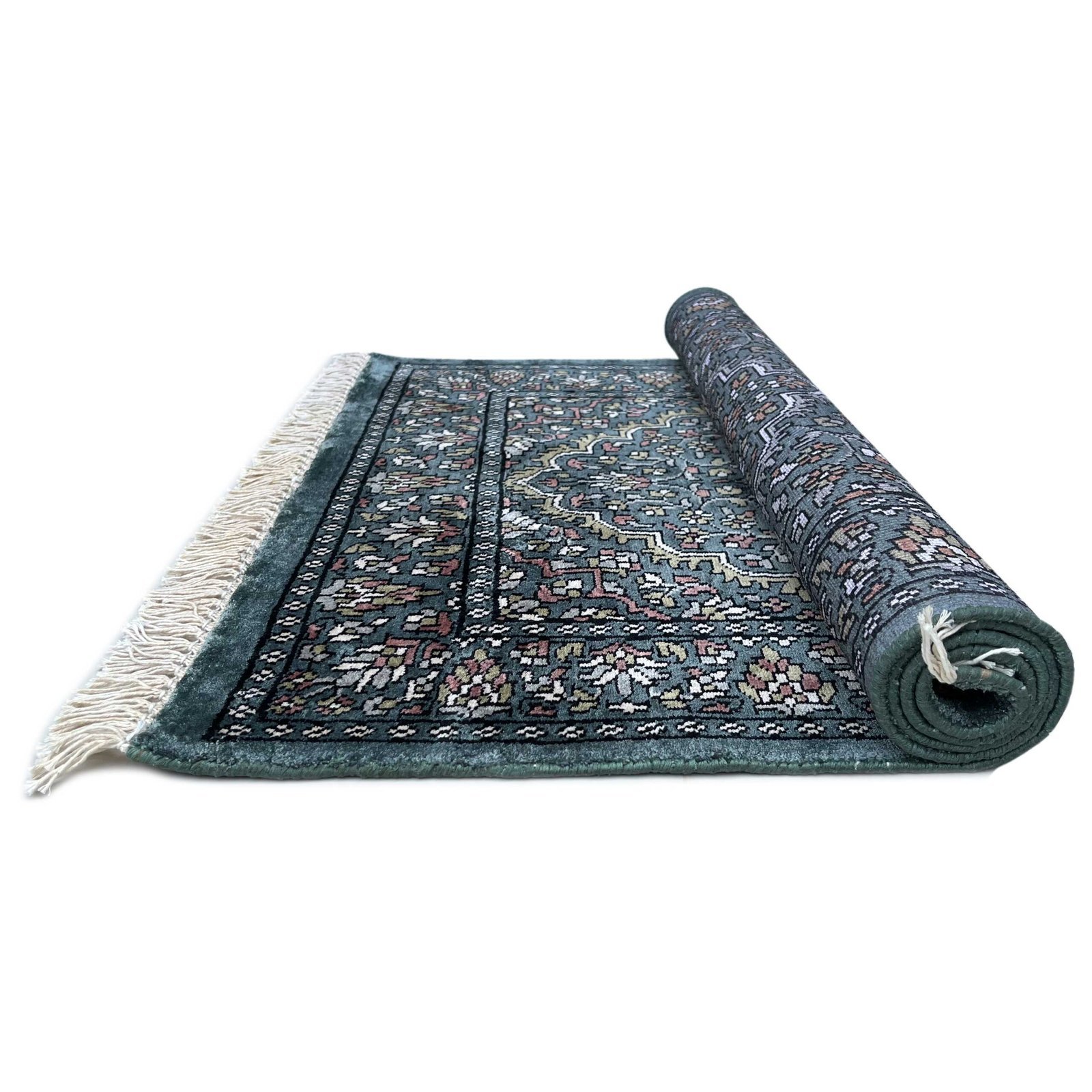 2.5x4 feet Hand Knotted Bamboo Silk Carpet Indopersian Overall Gray - Image 3