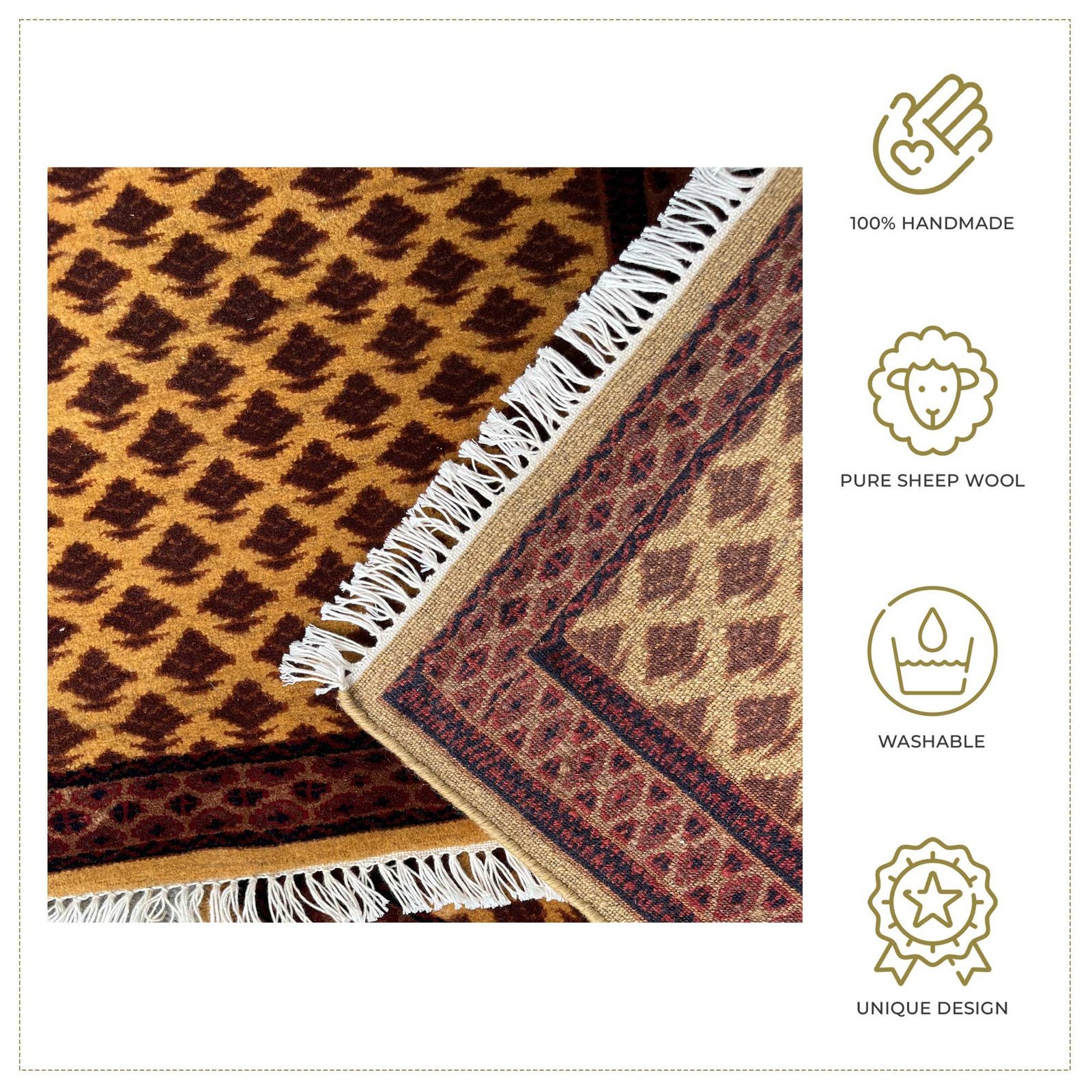 2x2 ft Pair Hand Knotted Woolen Carpet Camel Lichi - Image 4