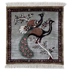 2x2 feet Handmade Carpet Peacock and Peahen Gray Bamboo Silk