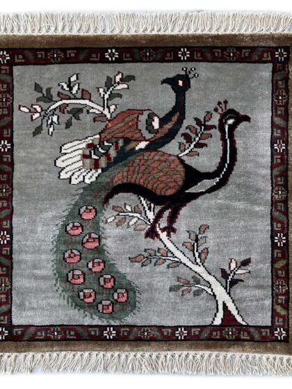 2x2 feet Handmade Carpet Peacock and Peahen Gray Bamboo Silk