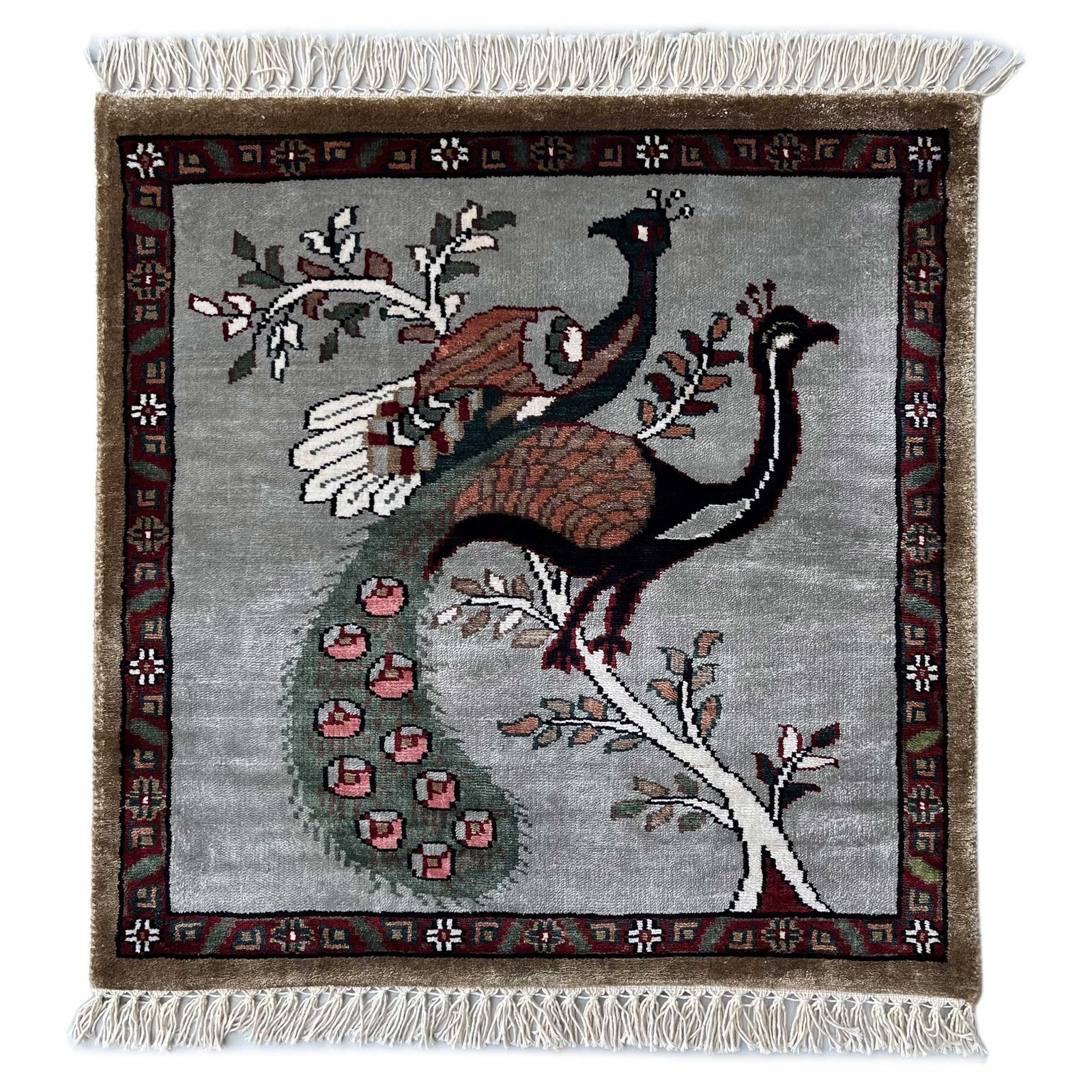 2x2 feet Handmade Carpet Peacock and Peahen Gray Bamboo Silk