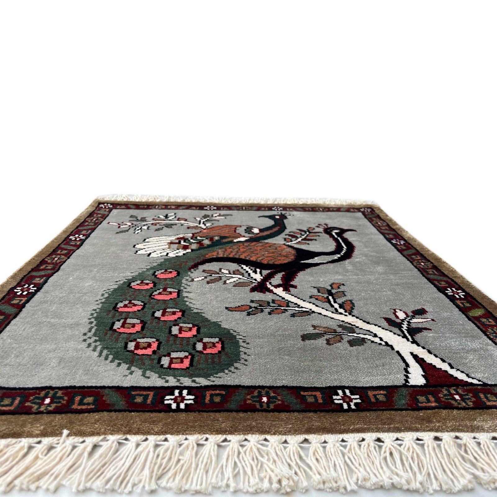 2x2 feet Handmade Carpet Peacock and Peahen Gray Bamboo Silk - Image 3