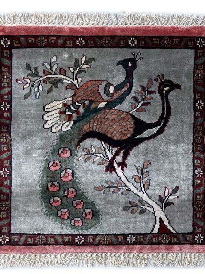2x2 feet Handmade Carpet Peacock and Peahen Gray Traditional