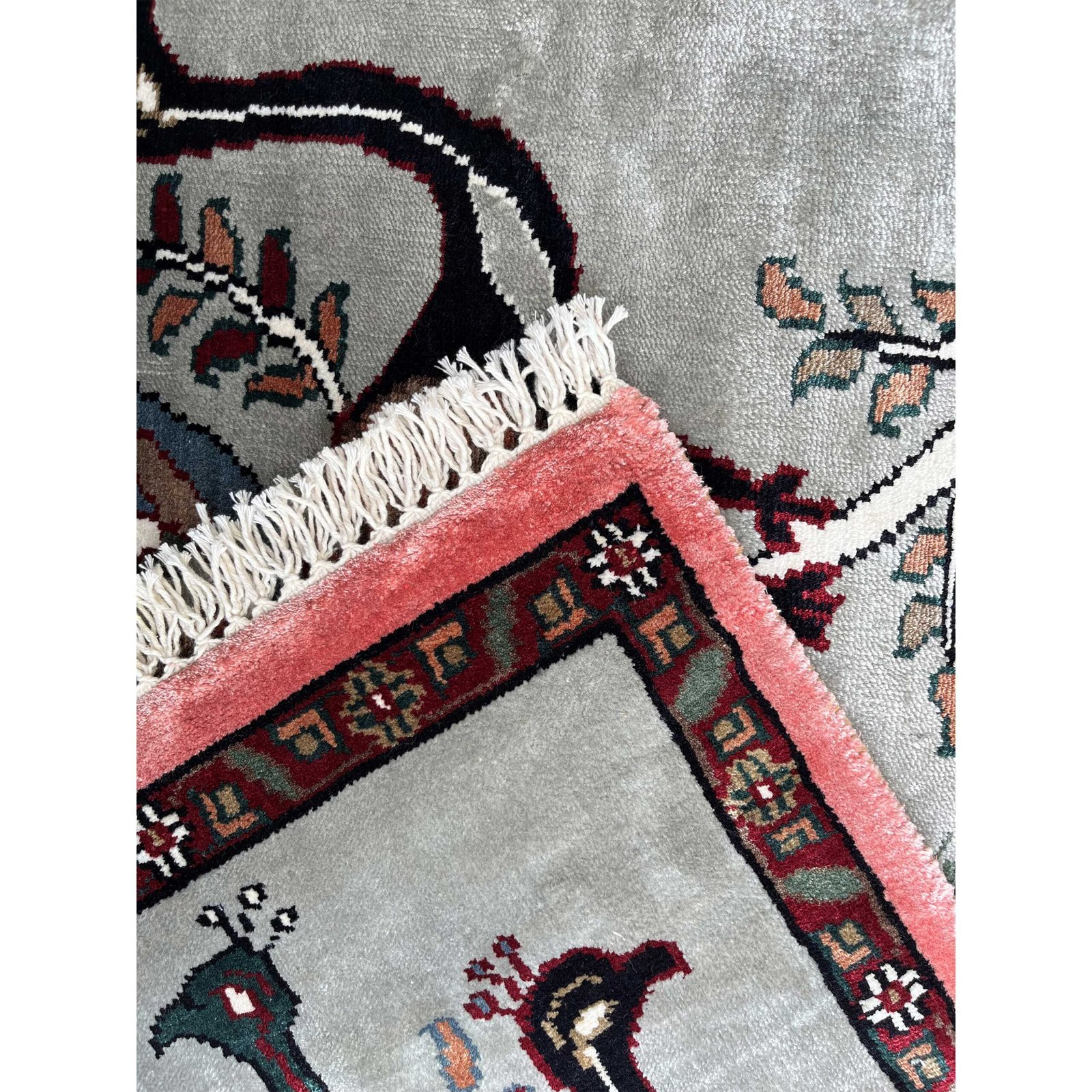 2x2 feet Handmade Carpet Peacock and Peahen Gray Traditional - Image 2