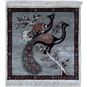 2x2 feet Handmade Carpet Peacock and Peahen Gray Luxury