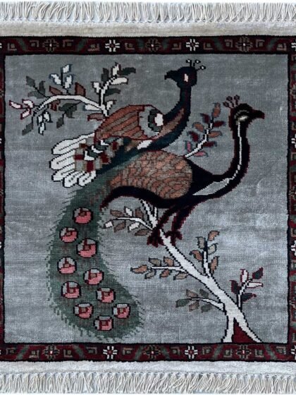 2x2 feet Handmade Carpet Peacock and Peahen Gray Luxury