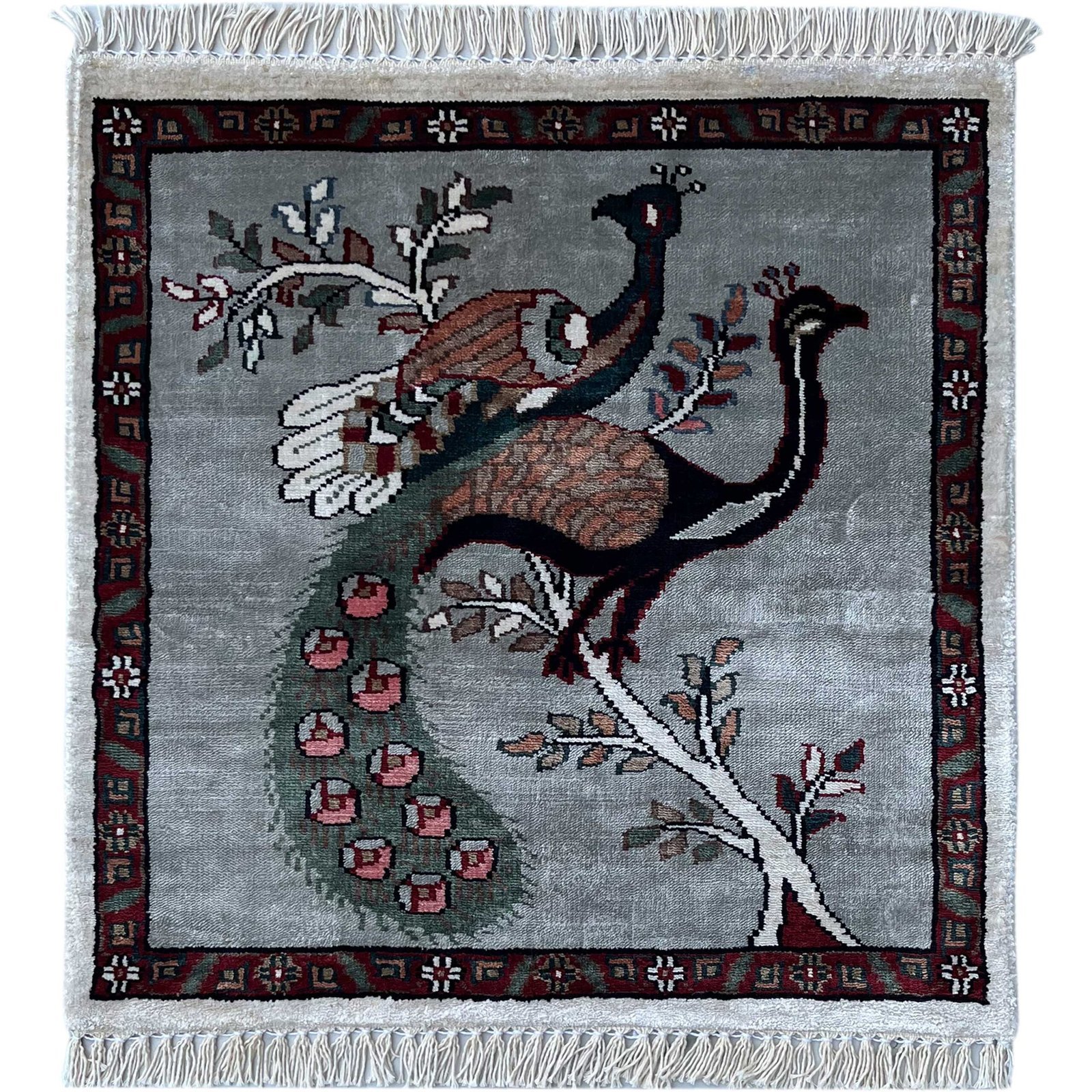 2x2 feet Handmade Carpet Peacock and Peahen Gray Luxury