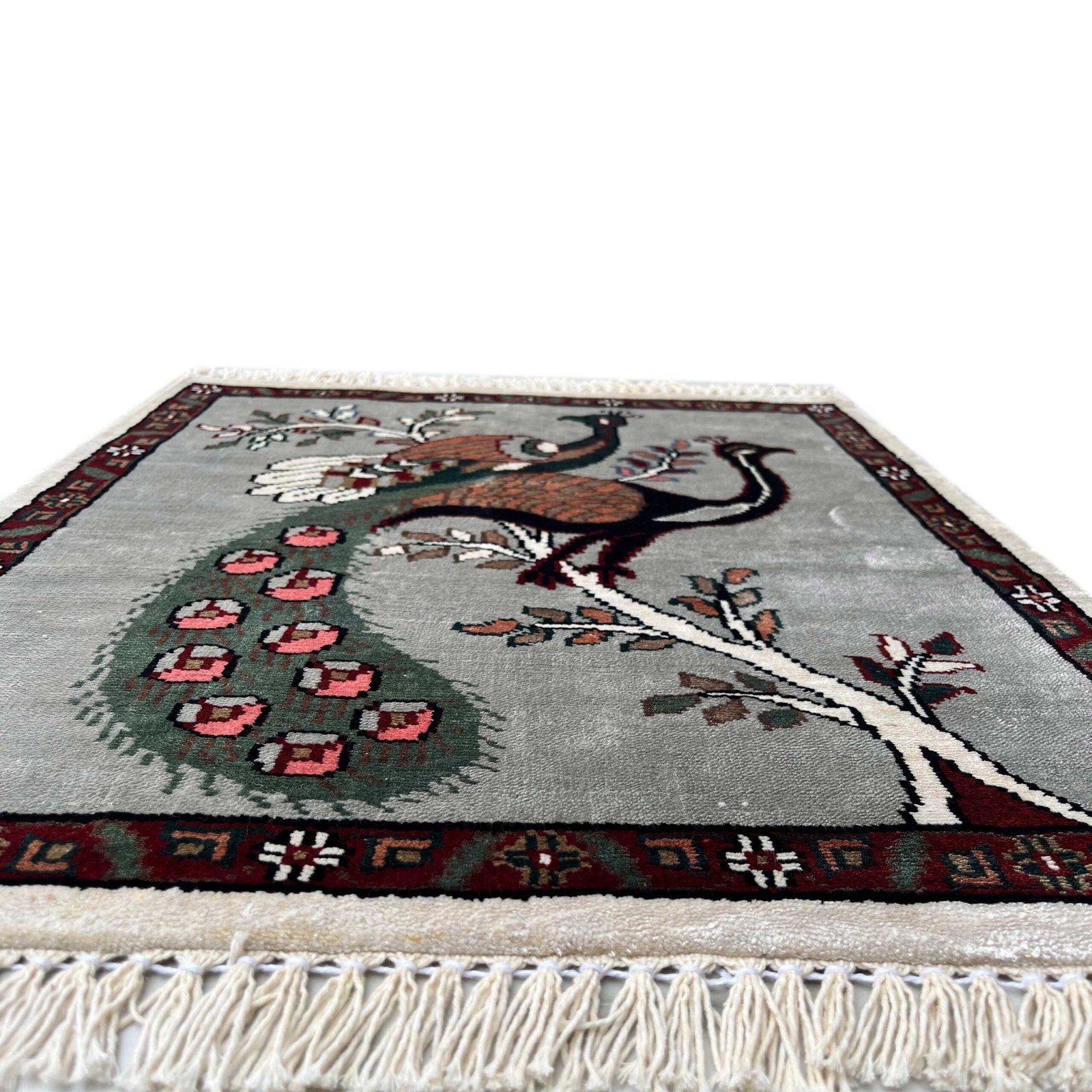 2x2 feet Handmade Carpet Peacock and Peahen Gray Luxury - Image 3