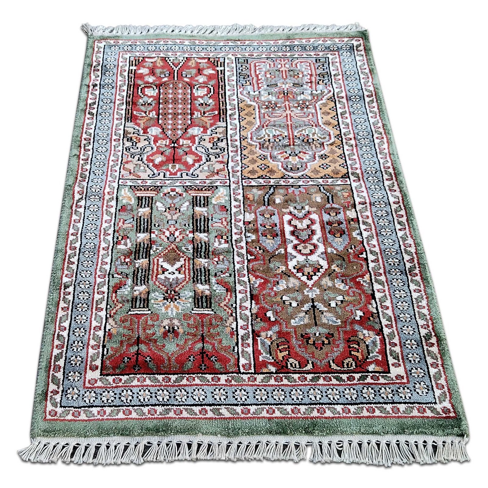 2x3 Feet Handmade Hamadan Bamboo Silk Carpet Green - Image 2