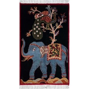 2x3 ft Hand-knotted Woolen Carpet Elephant Peacock Black
