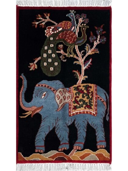 2x3 ft Hand-knotted Woolen Carpet Elephant Peacock Black
