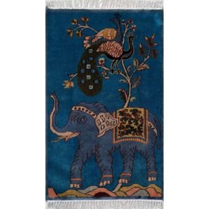 2x3 ft Hand-knotted Woolen Carpet Elephant Peacock Blue