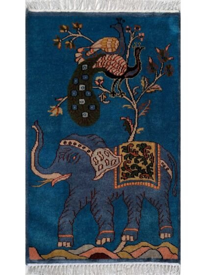 2x3 ft Hand-knotted Woolen Carpet Elephant Peacock Blue