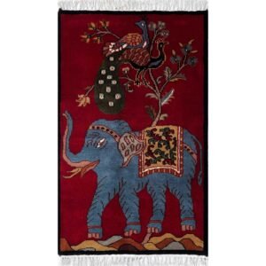 2x3 ft Hand-knotted Woolen Carpet Elephant Peacock Red
