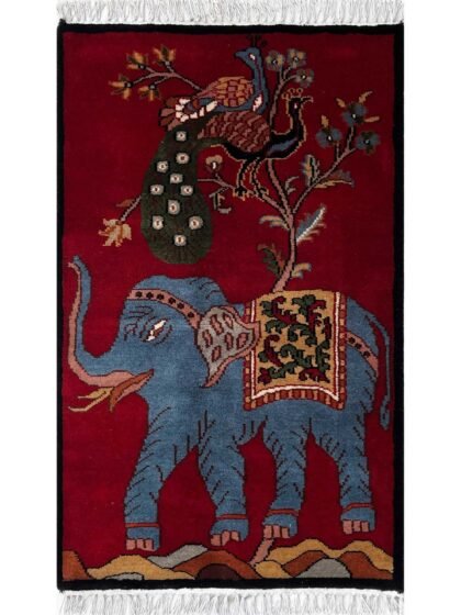 2x3 ft Hand-knotted Woolen Carpet Elephant Peacock Red