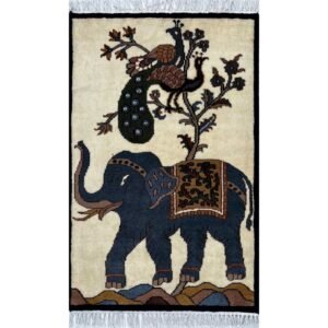 2x3 ft Hand-knotted Woolen Carpet Elephant Peacock White