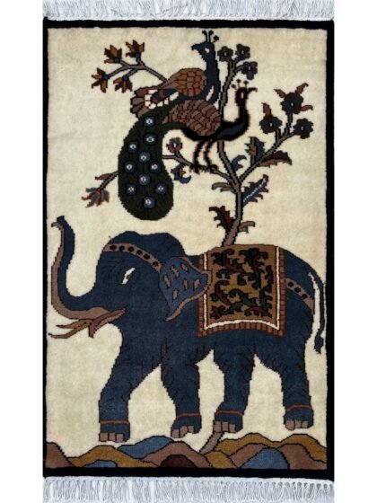 2x3 ft Hand-knotted Woolen Carpet Elephant Peacock White
