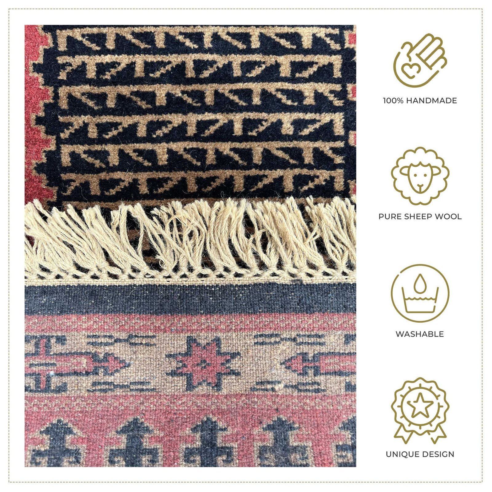 2x3 Feet Black Hand Knotted Wool Carpet Kanta - Image 2
