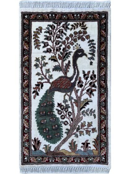 2x3 feet Handmade Carpet Peacock White