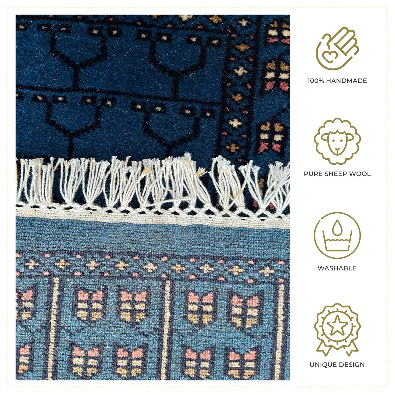 2x3 ft Hand Knotted Wool Carpet Blue Parda - Image 4