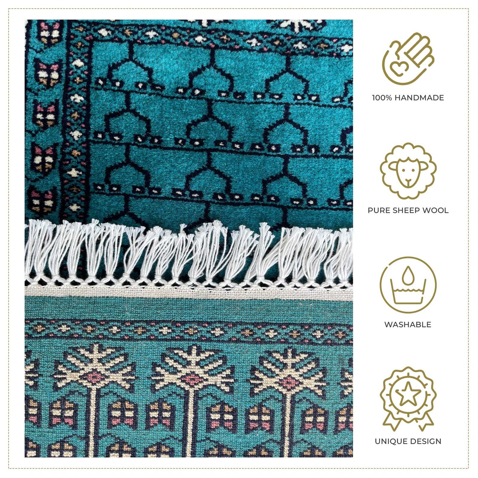 2x3 ft handmade Wool Carpet Turquoise Parda - Image 5