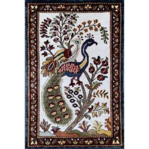 2x3 Ft Handmade Couple Peacock Bamboo Silk Carpet White