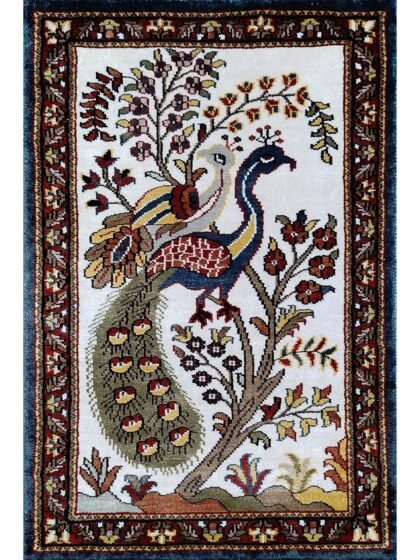 2x3 Ft Handmade Couple Peacock Bamboo Silk Carpet White