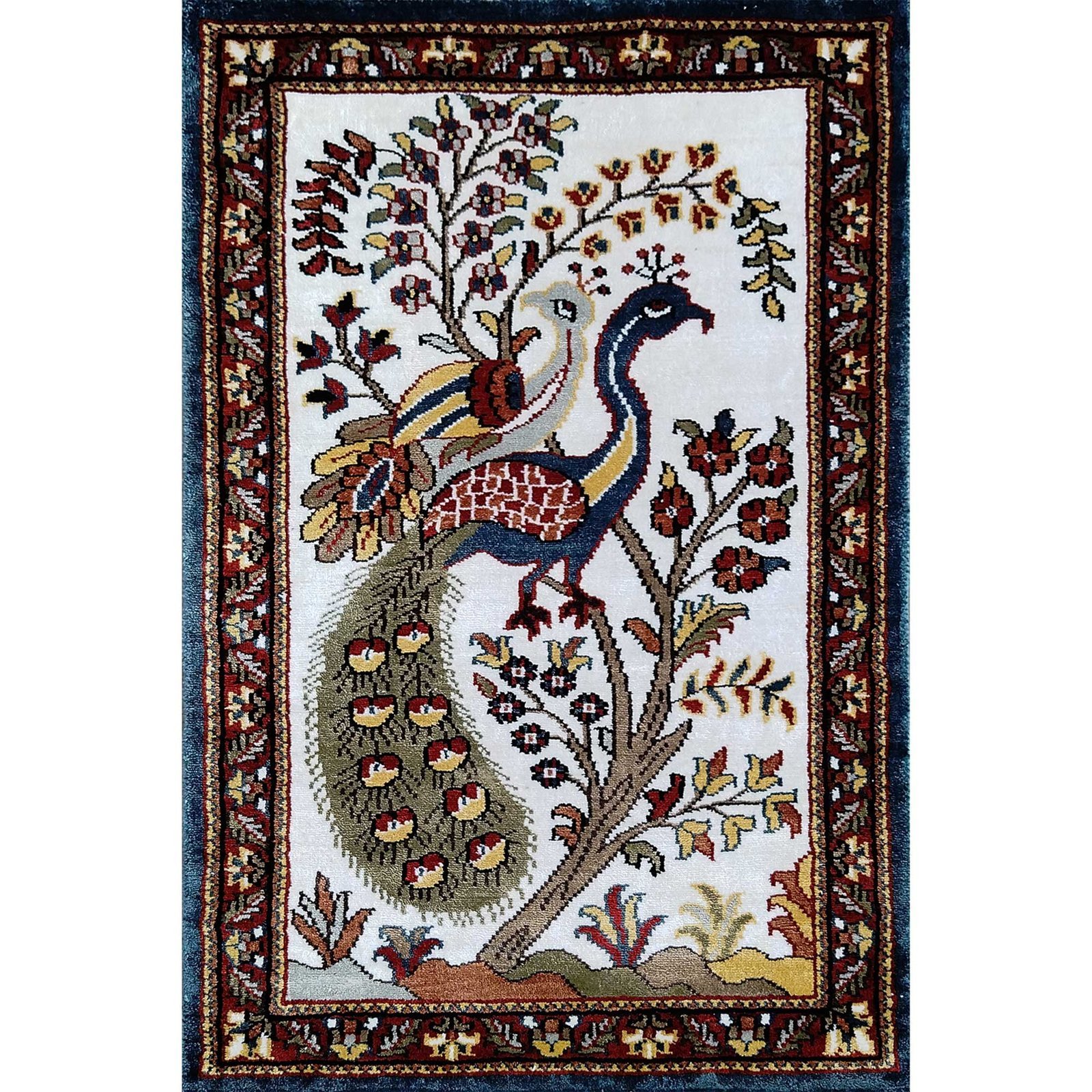 2x3 Ft Handmade Couple Peacock Bamboo Silk Carpet White