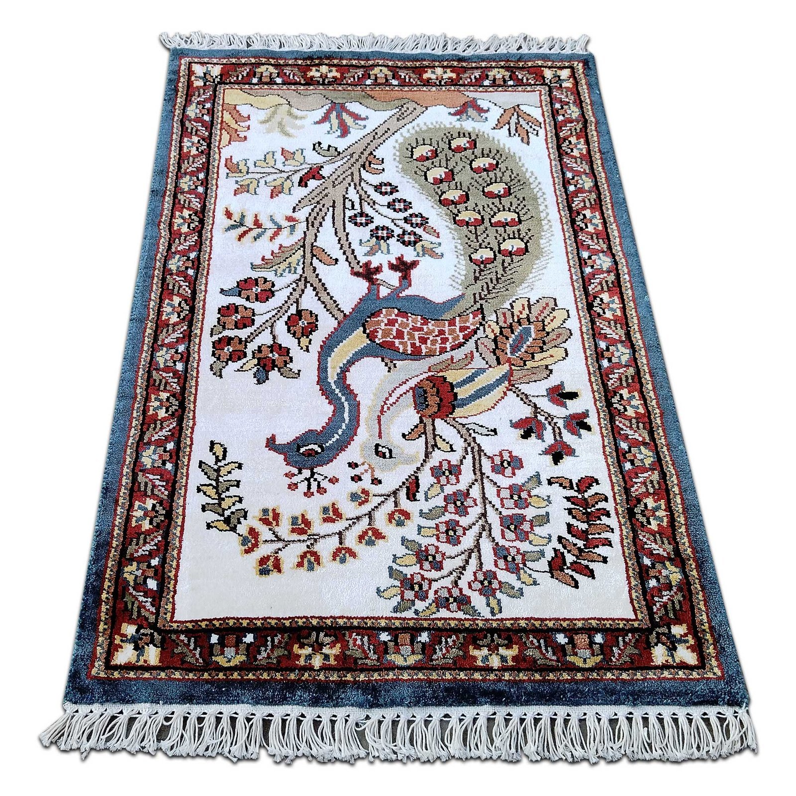 2x3 Ft Handmade Couple Peacock Bamboo Silk Carpet White - Image 3