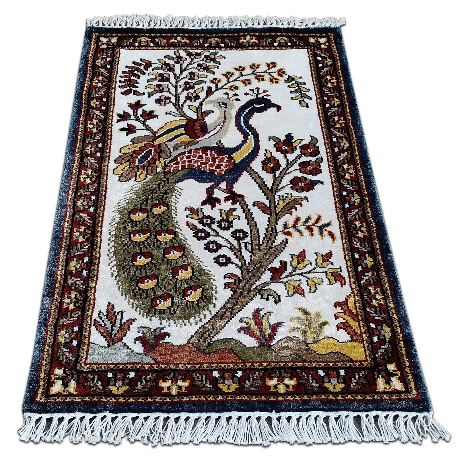 2x3 Ft Handmade Couple Peacock Bamboo Silk Carpet White - Image 2