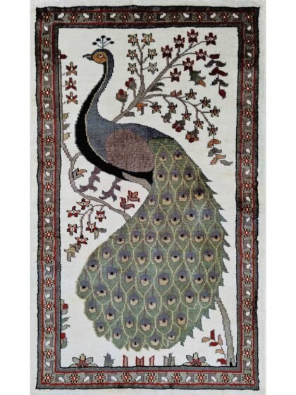 2x3 Feet Handmade Peacock Bamboo Silk Carpet White