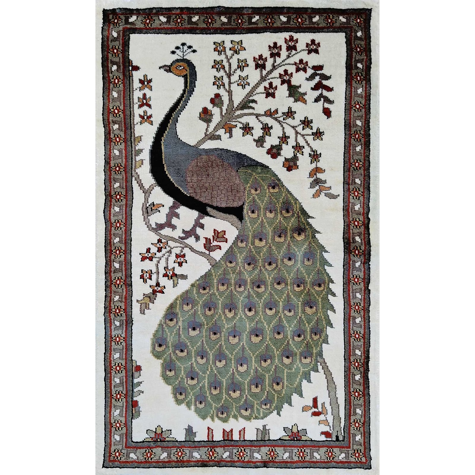 2x3 Feet Handmade Peacock Bamboo Silk Carpet White