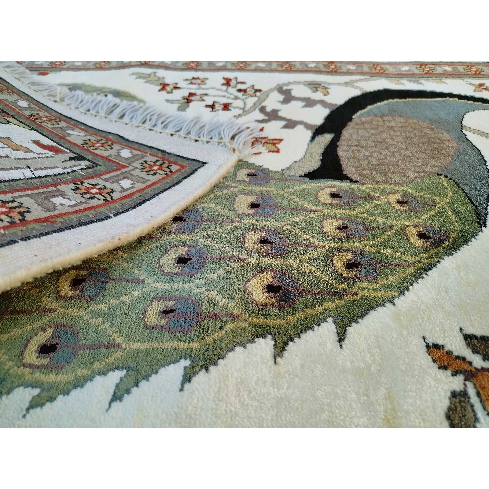 2x3 Feet Handmade Peacock Bamboo Silk Carpet White - Image 7