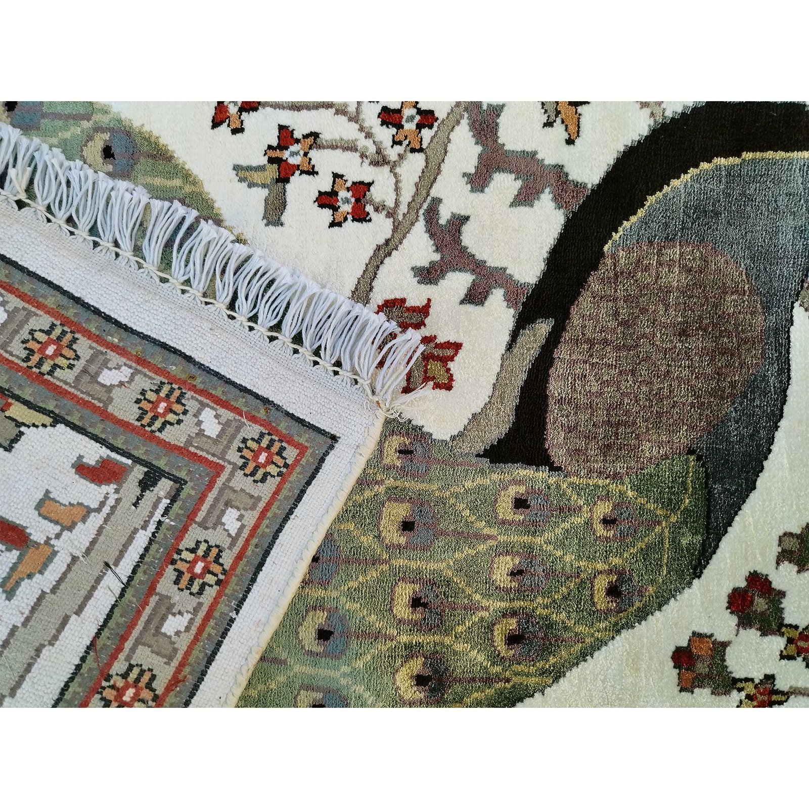 2x3 Feet Handmade Peacock Bamboo Silk Carpet White - Image 6