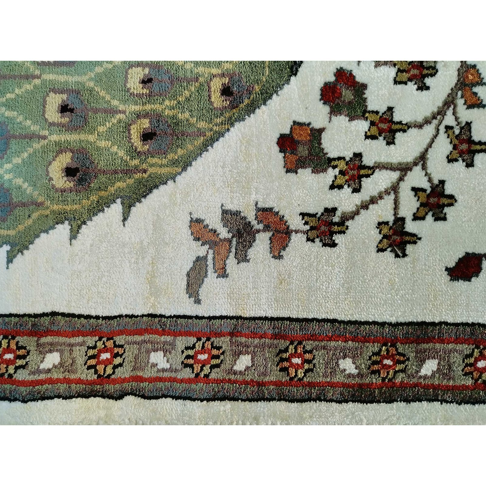 2x3 Feet Handmade Peacock Bamboo Silk Carpet White - Image 5