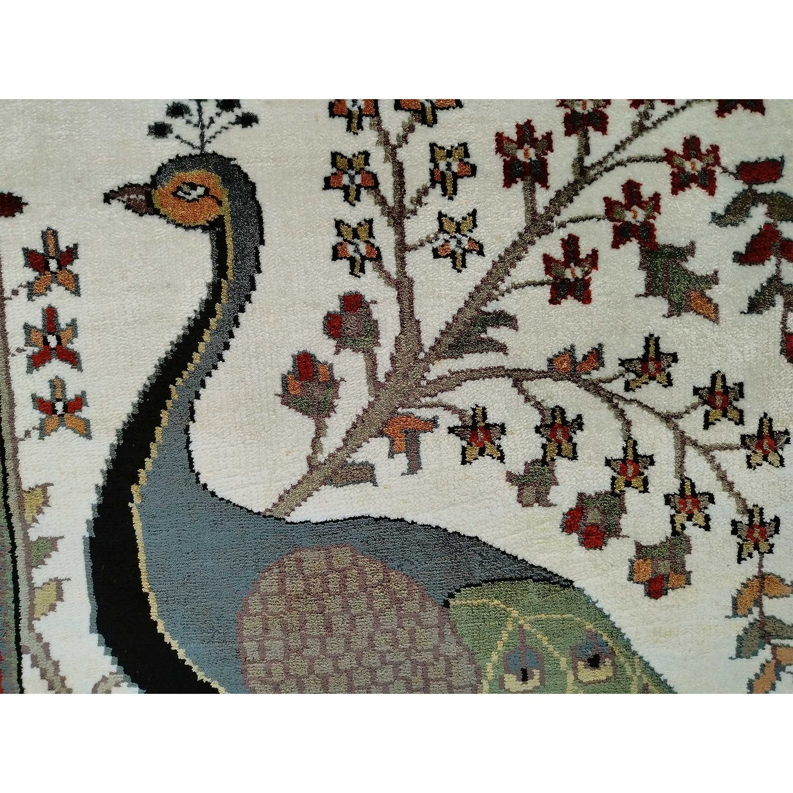 2x3 Feet Handmade Peacock Bamboo Silk Carpet White - Image 4