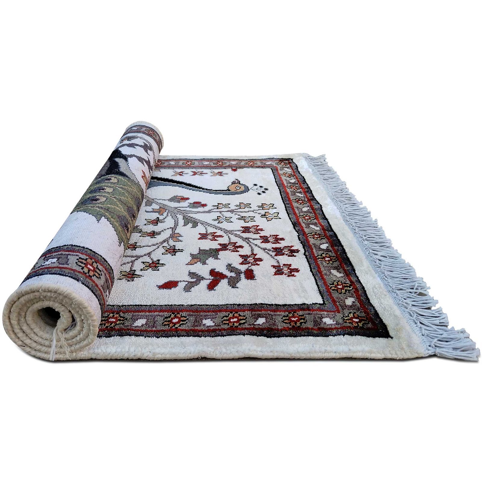2x3 Feet Handmade Peacock Bamboo Silk Carpet White - Image 8