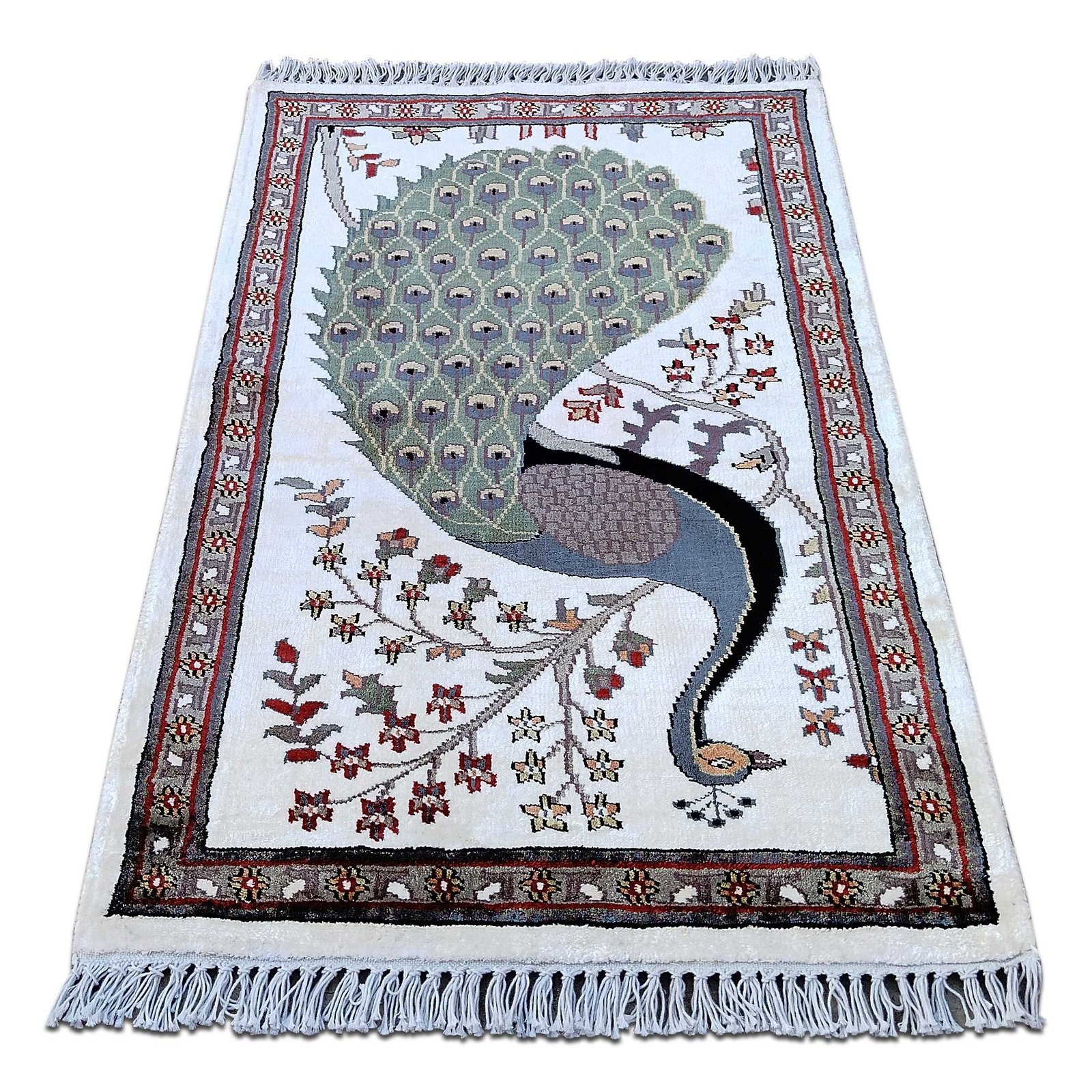 2x3 Feet Handmade Peacock Bamboo Silk Carpet White - Image 3