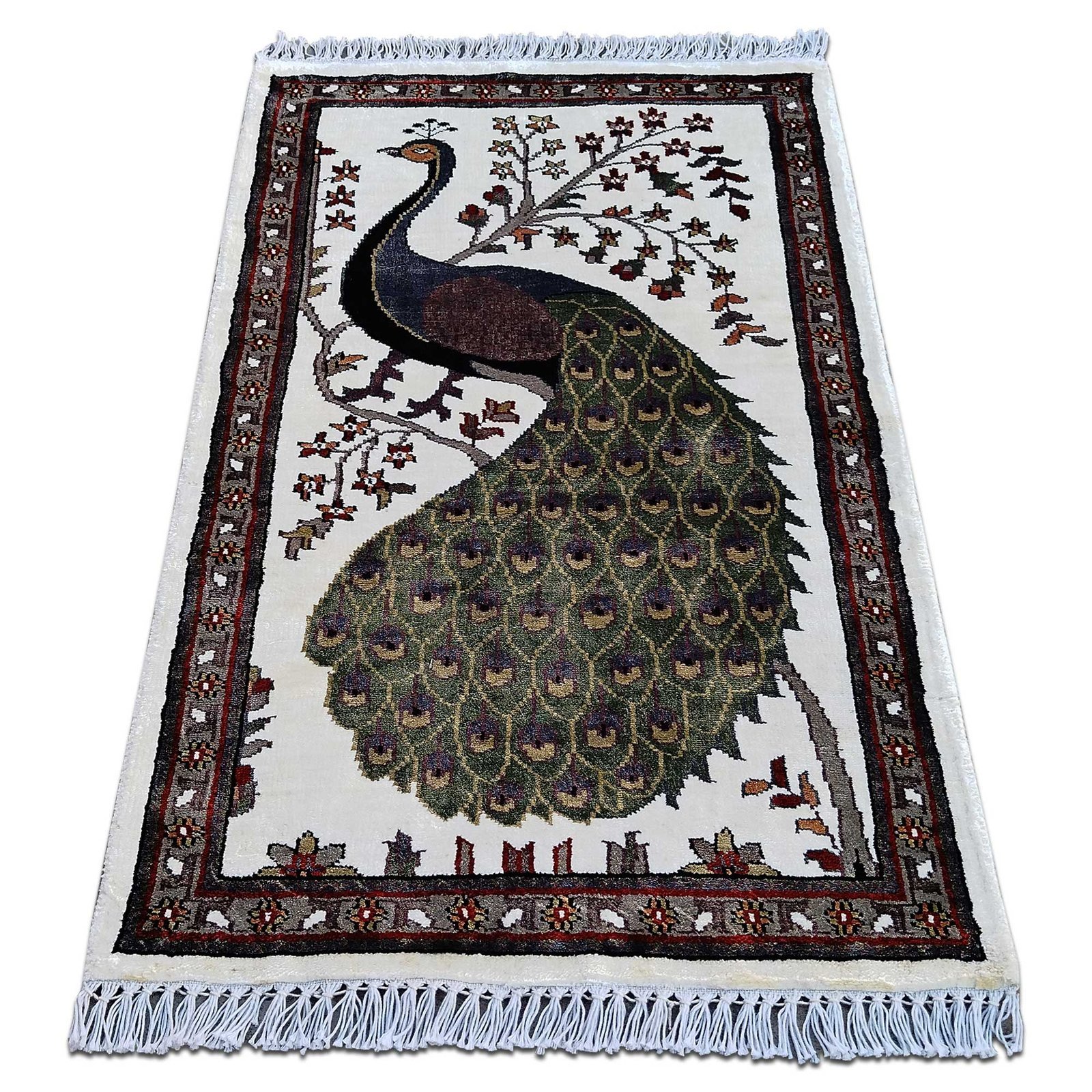 2x3 Feet Handmade Peacock Bamboo Silk Carpet White - Image 2